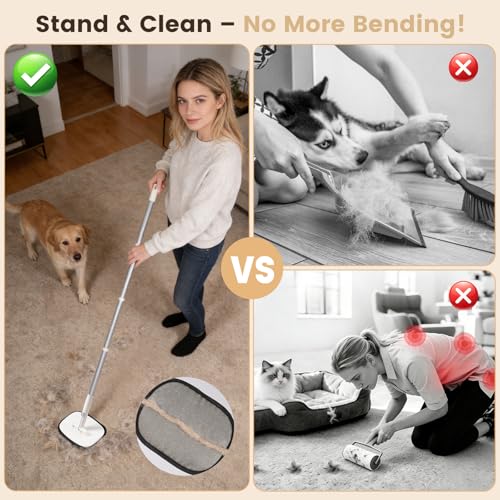 3-in-1 Reusable Pet Hair Remover with Long Handle for Carpet & Furniture