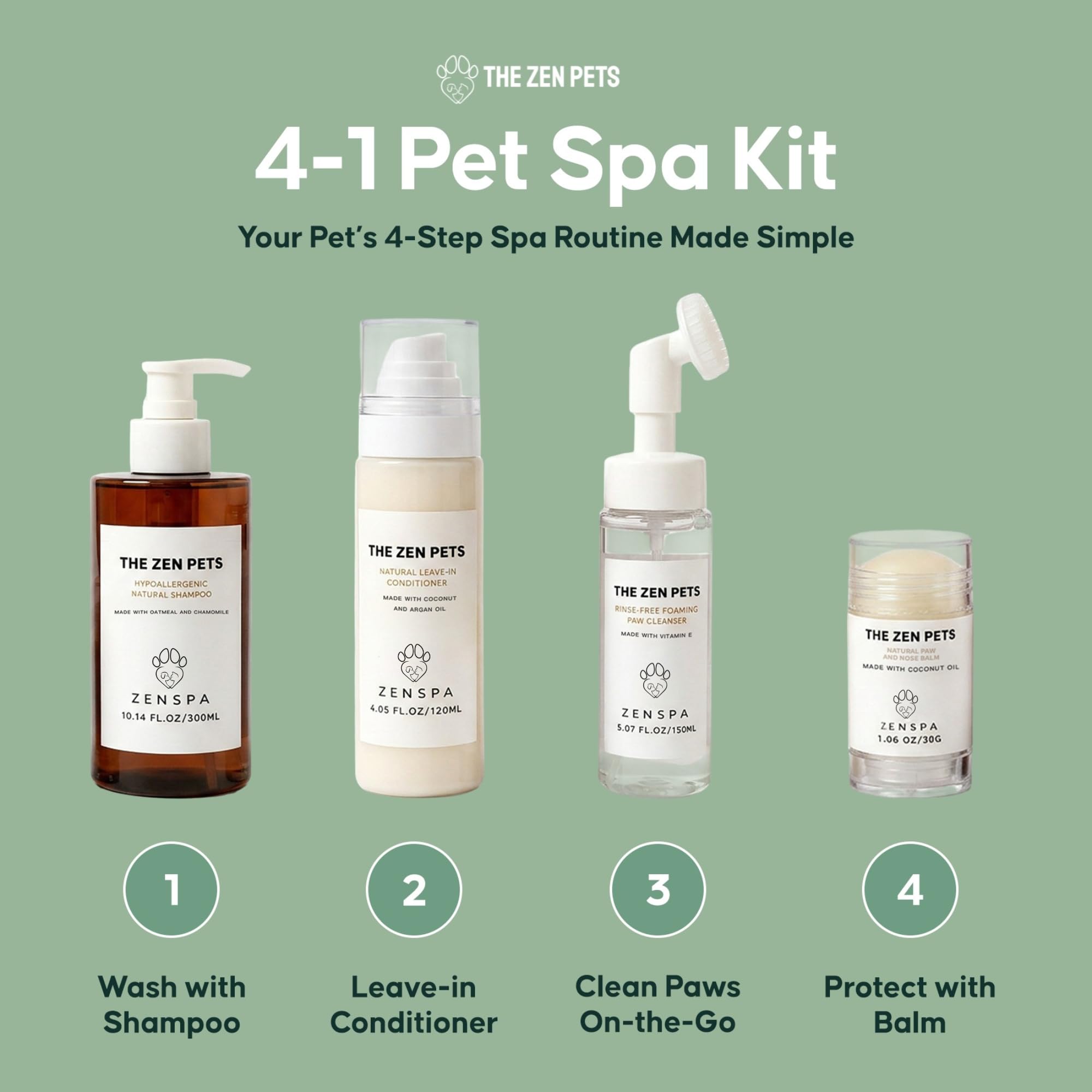 4-in-1 Pet Spa Kit with Oatmeal Shampoo, Conditioner & Paw Care