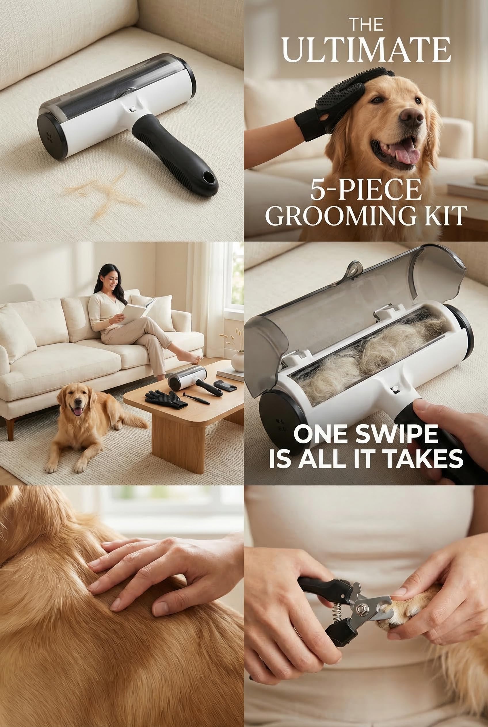 Pet Hair Remover Roller & Grooming Kit Set (5-Piece)